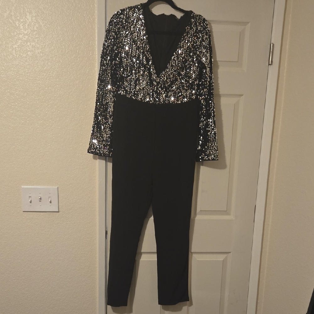 Black Sequin V-Neck Jumpsuit